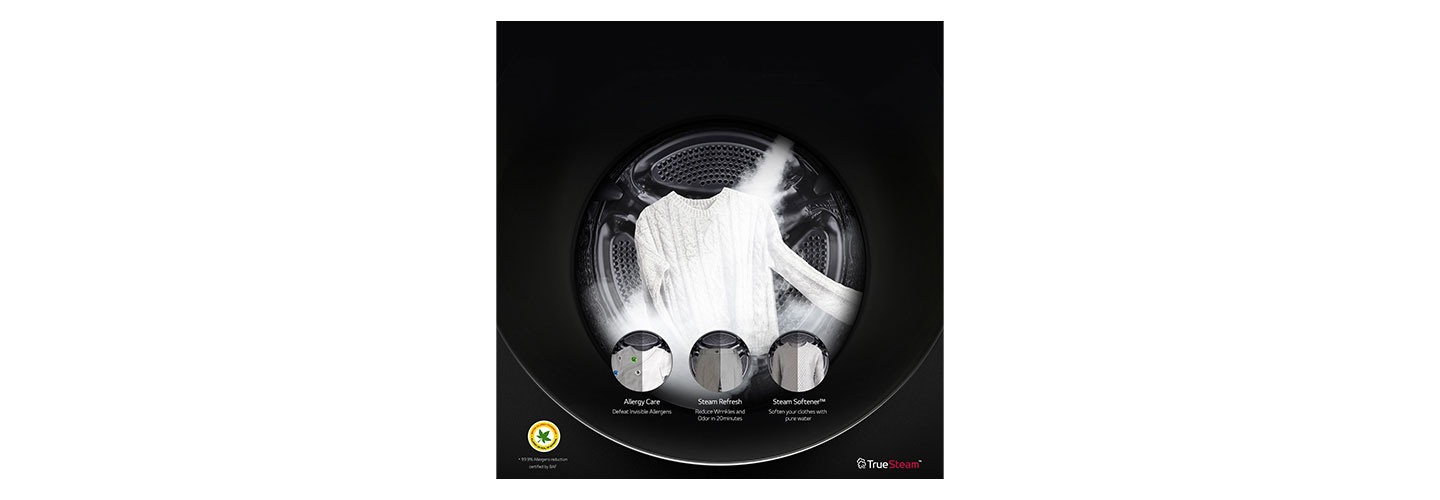 Promotional image showing inside an LG washing machine’s drum as its TrueSteamTM technology cleans a sweater, with icons overlapping to highlight its Allergy Care, Steam Refresh and Steam Softener features