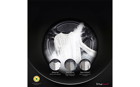 Promotional image showing inside an LG washing machine’s drum as its TrueSteamTM technology cleans a sweater, with icons overlapping to highlight its Allergy Care, Steam Refresh and Steam Softener features