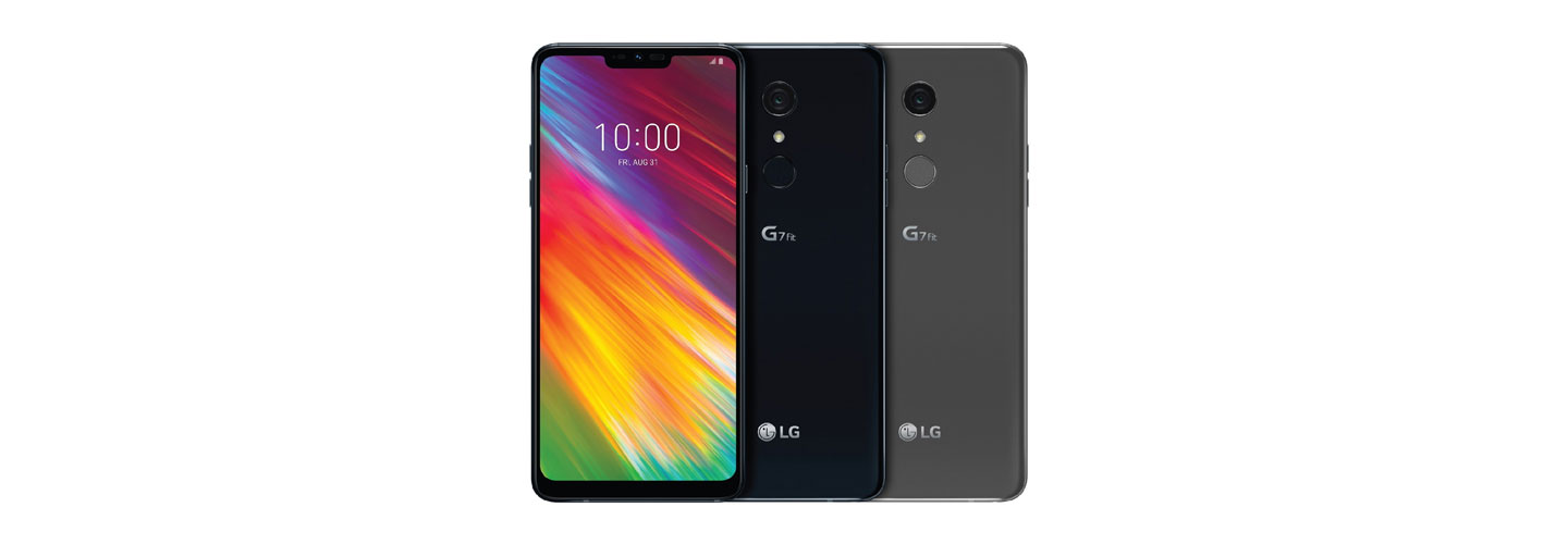The front and rear view of the LG G7 Fit in New Aurora Black and New Platinum Gray