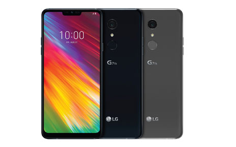 The front and rear view of the LG G7 Fit in New Aurora Black and New Platinum Gray