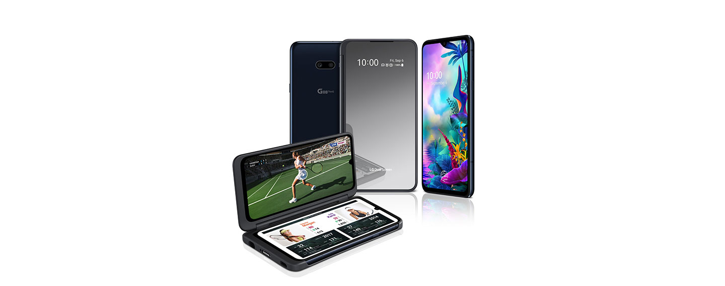 The front and rear view of the LG G8X ThinQ in Aurora Black and the upgraded LG Dual Screen, with the front device showing a tennis match on the Dual Screen with game stats on the main screen