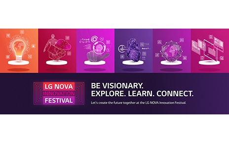 A promotional image of LG NOVA Innovation Festival with six different illustrations: a lightbulb, a house with a human, a human finger pointing at a circle, a heart, Earth and multiple screens displaying diverse information.