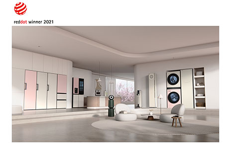 LG's collection of Red Dot Award-winning home appliances including its air conditioner, Styler, refrigerator and more are displayed in a modern, spacious living room to give the space a greater sense of style.