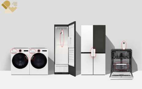 An image of a washer and dryer, styler, refrigerator and dishwasher next to each other
