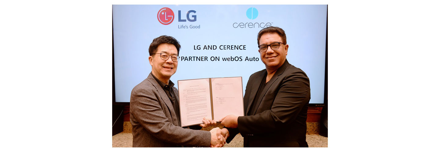 Dr. I.P. Park, president and CTO of LG Electronics, shakes hands with Sanjay Dhawan, CEO of Cerence, to begin their partnership for new state-of-the-art in-car experiences