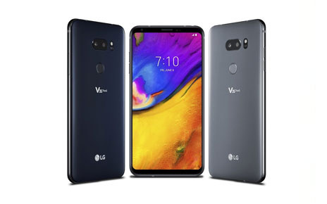 The front and back view of the LG V35 ThinQ in New Aurora Black and New Platinum Gray