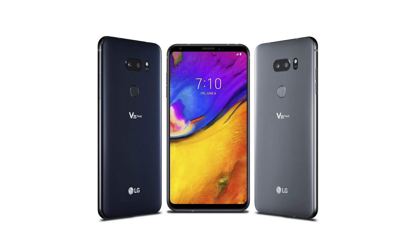 The front and back view of the LG V35 ThinQ in New Aurora Black and New Platinum Gray