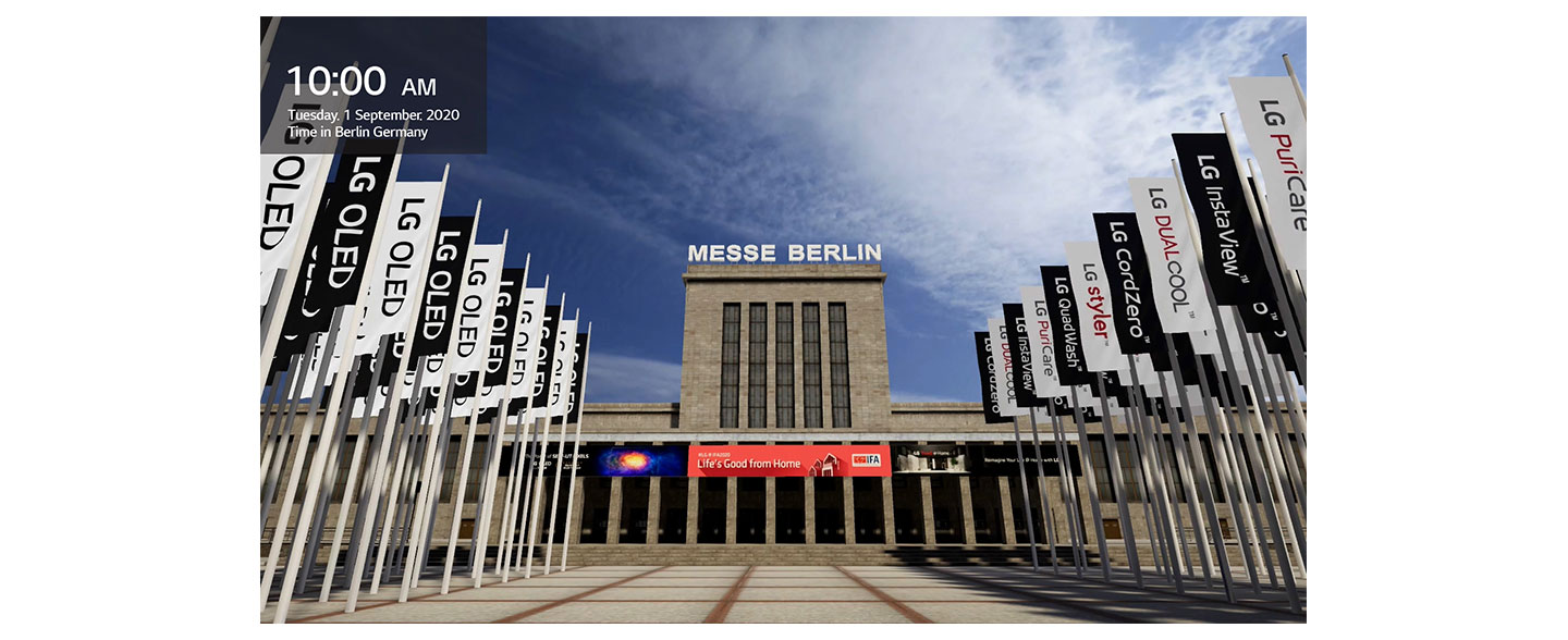 A render image of Messe Berlin’s Hall 18 at IFA 2020, featuring flags of LG’s wide-ranging lineups to be showcased at the event