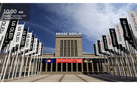 A render image of Messe Berlin’s Hall 18 at IFA 2020, featuring flags of LG’s wide-ranging lineups to be showcased at the event