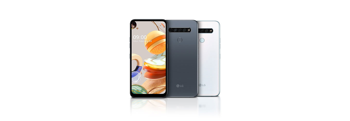 The front and rear view of the LG K61 in Titanium and White