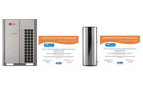 Graphics of AHRI Performance Award certifications are placed next to LG’s Multi V 5 system and residential water heater.