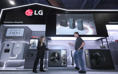A man and a woman explore LG’s HVAC and Core Component Solutions at the company’s booth during AHR Expo 2026.