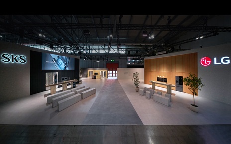 An SKS display area on the left and an LG built-in appliance display area on the right make up the company’s booth during EuroCucina 2026.