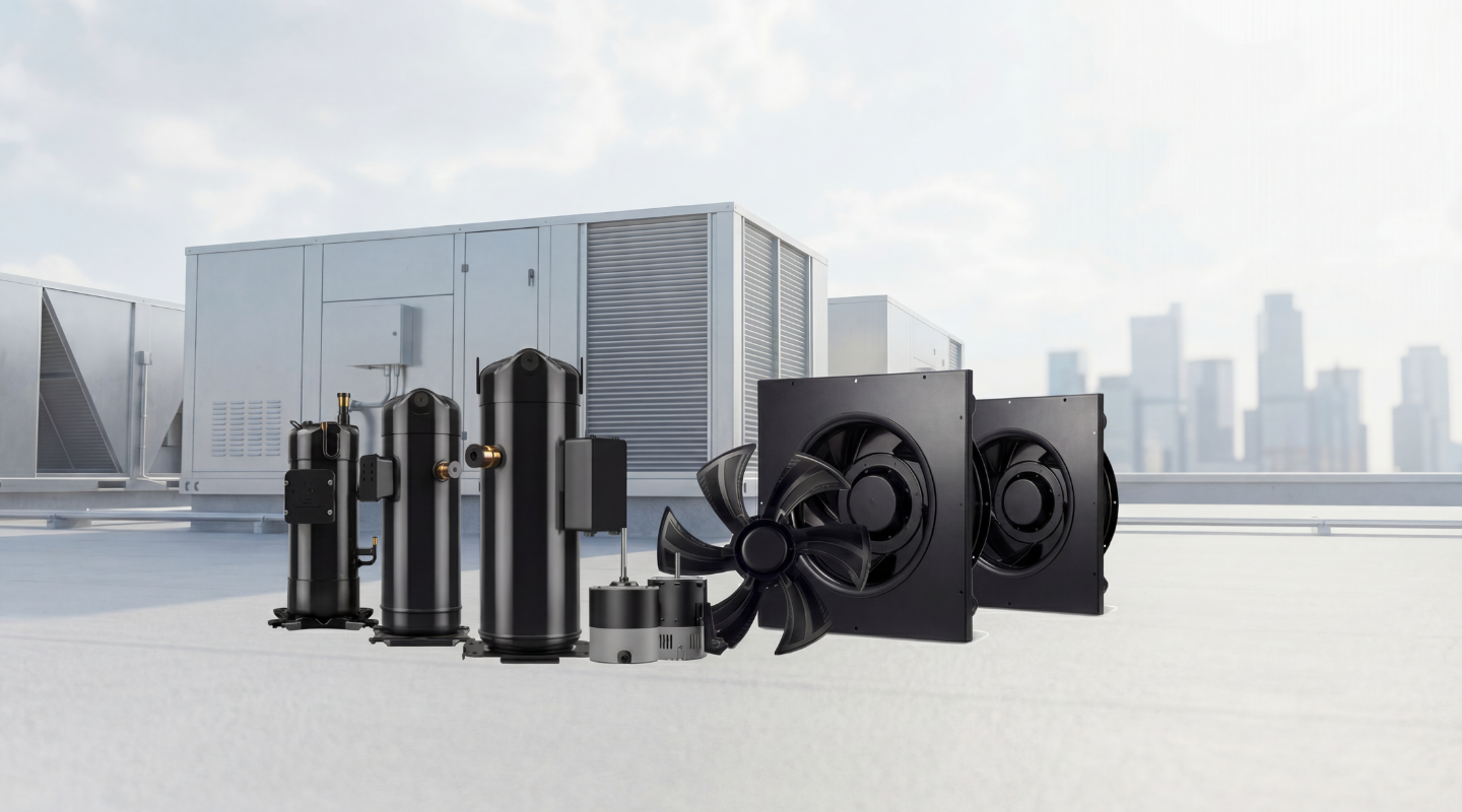 LG's HVAC components, including scroll compressors, EC motors, EC fans and drives, are displayed on a rooftop with commercial HVAC units in the background.