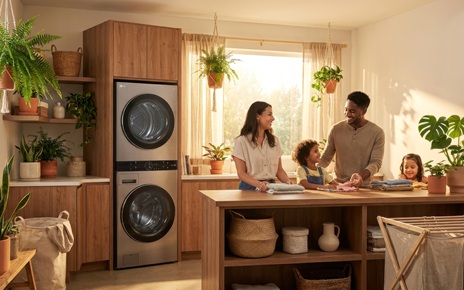 A family folds laundry together in a warm, sunlit laundry room with indoor plants and an LG WashTower™ in the background.