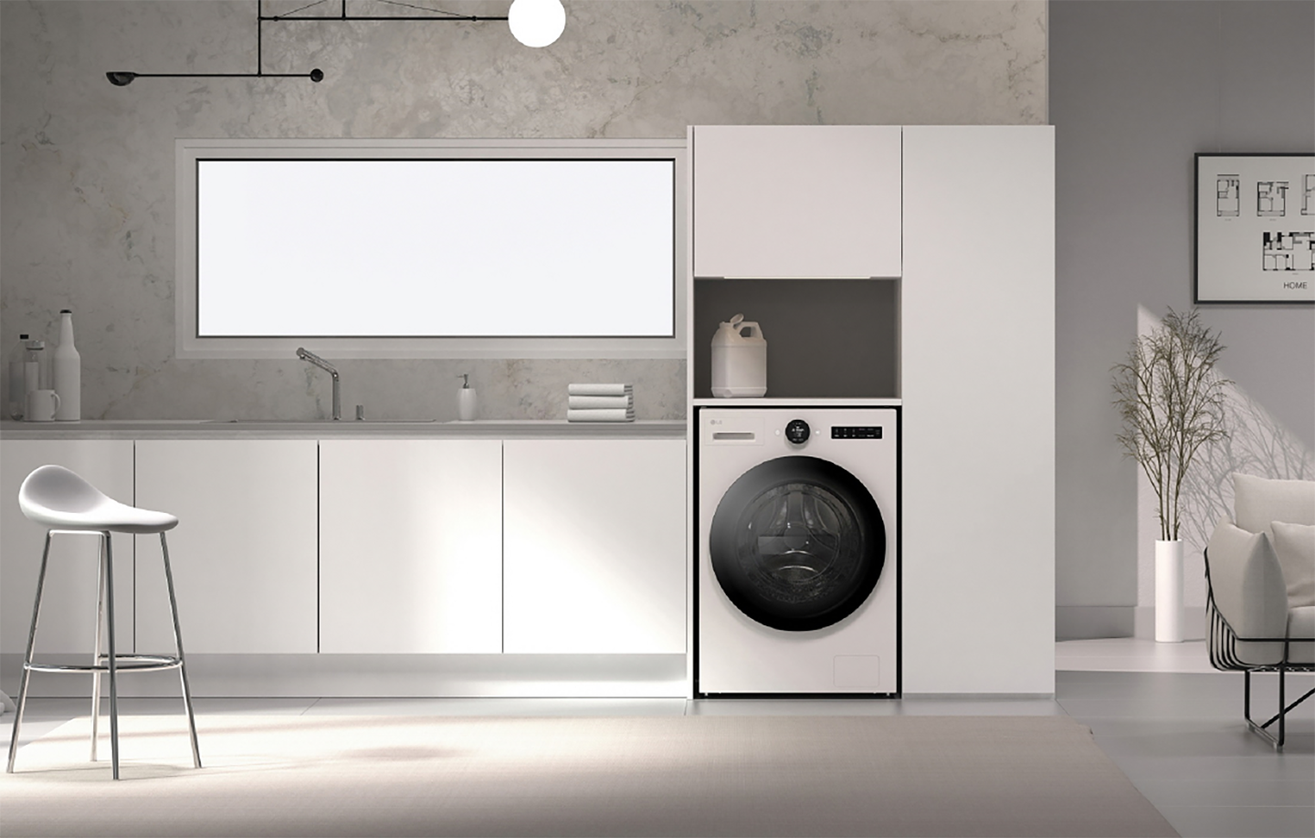 A photo of LG’s new enhanced capacity washer set up in a laundry room