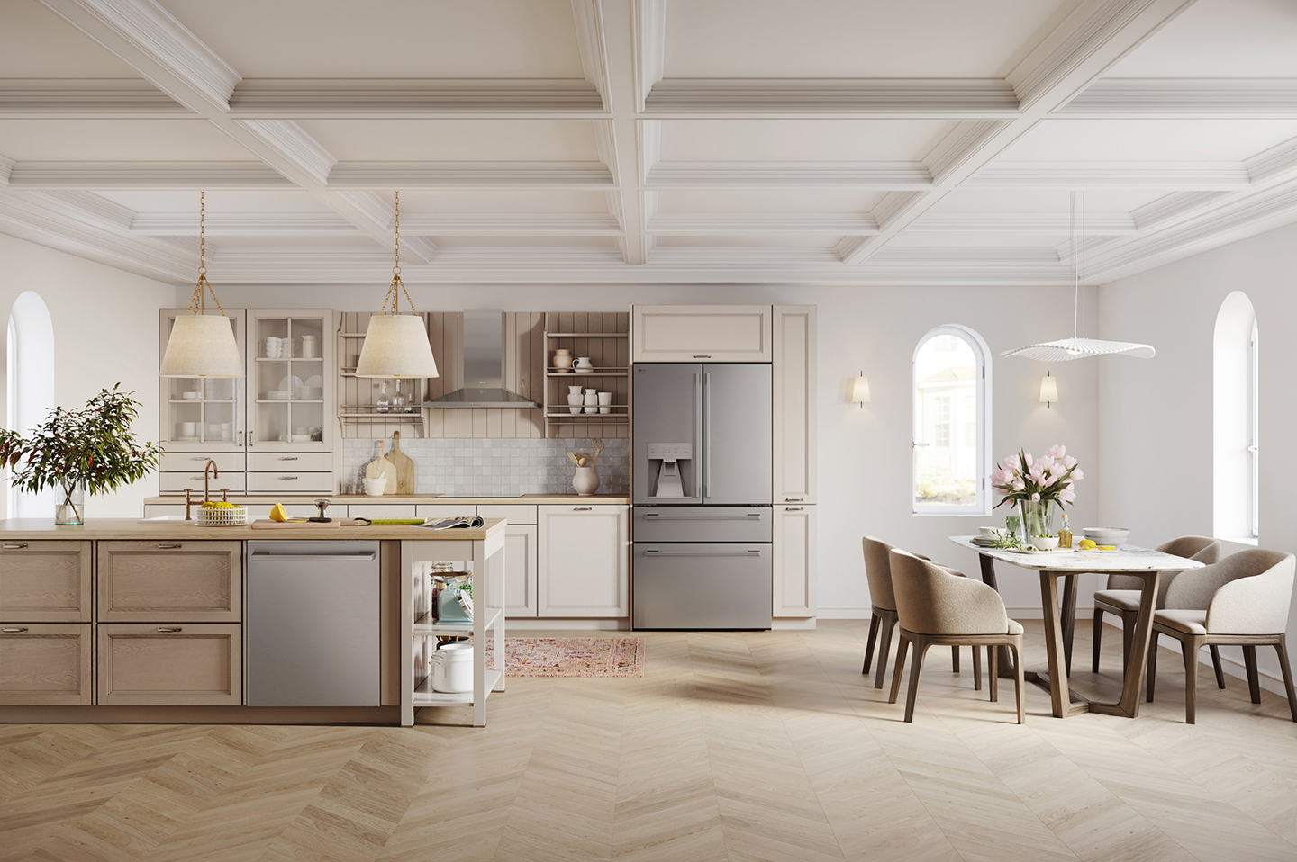 A photo of LG’s Fit & Max kitchen solutions set up in a dining room