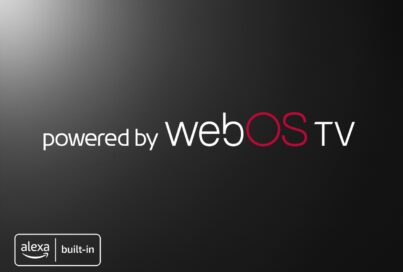 A black TV screen displaying the 'powered by weboOS TV' tag in the center and the Alexa Built-in logo in the bottom left corner