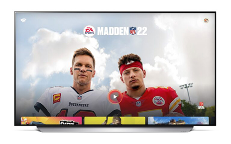 An LG TV displaying video game Madden NFL 22 which is available to play on Google Stadia via LG's cutting-edge smart TVs.
