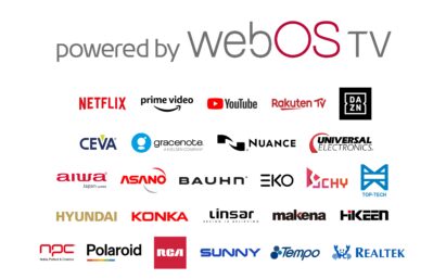 The large 'powered by webOS TV' logo with smaller logos of 26 brands joining the webOS TV ecosystem below