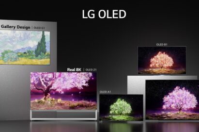 Five different OLED TV models from the LG 2021 TV lineup showcased in a dark room to really show off their sleek modern designs and self-lit panels that produce sharp and realistic pictures