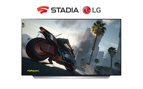 Front view of LG 48 inch OLED TV C1 displaying motorcycle gameplay from hit video game Cyberpunk 2077, which is enabled by Google Stadia