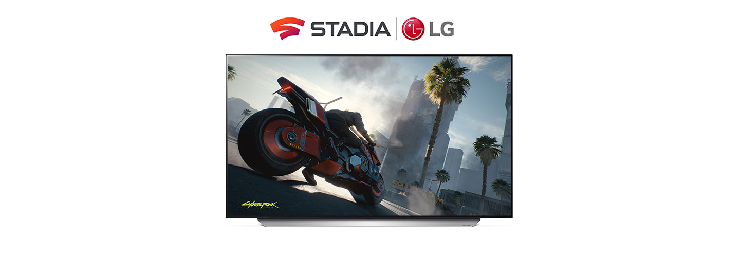 Front view of LG 48 inch OLED TV C1 displaying motorcycle gameplay from hit video game Cyberpunk 2077, which is enabled by Google Stadia