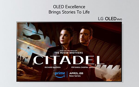 A promotional image of LG OLED evo TV streaming Citadel via Amazon Prime Video with the phrase, ‘OLED Excellence Brings Stories To Life’