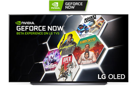LG OLED TV displaying 5 hit video games available to play with NVIDIA GeForce NOW