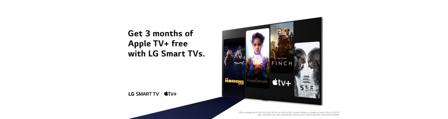 The promotional phrase ”Get 3 months of Apple TV+ free with LG Smart TVs” next to a TV displaying four popular shows available on Apple TV+. 