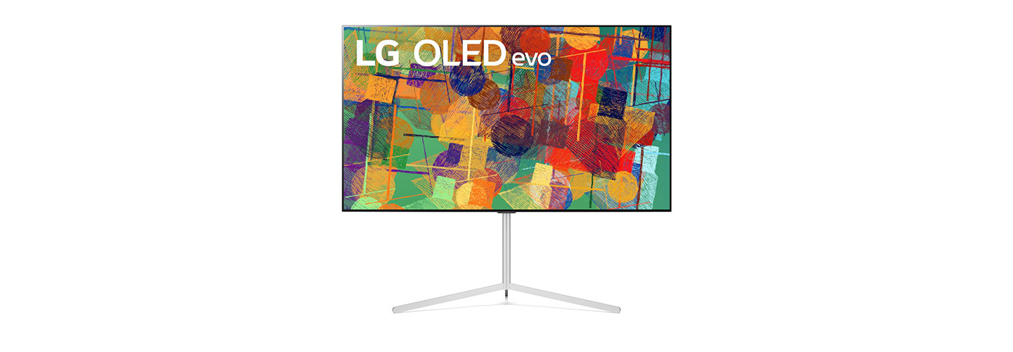 Front view of LG's 65-inch OLED evo G1 on its stand while displaying a colorful abstract artwork on its screen