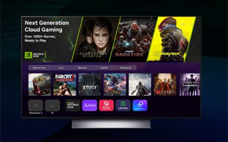 LG’s new webOS UI featuring gaming hub and cloud gaming displayed on an LG TV in front of a dark blue background