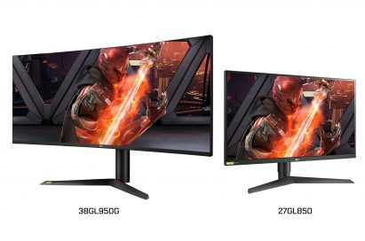 A right-side view of LG UltraGear Nano IPS G-SYNC Gaming Monitor model 38GL950G and a left-side view of model 27GL850.