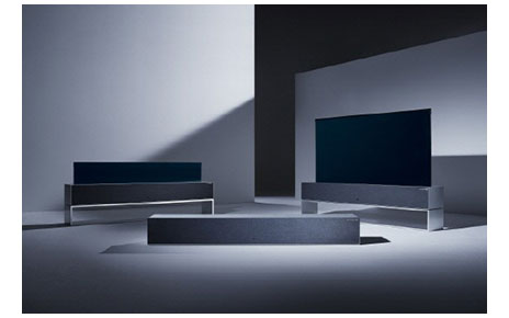 A view of LG SIGNATURE OLED TV R model 65R9 in three different viewing options on display.