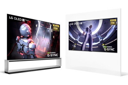 A pair of LG 8K OLED TVs - one on a TV stand and the other mounted on the wall - offering smooth and immersive 8K gaming experiences with the LG OLED AI ThinQ, Real 8K, and NVIDIA G-Sync logos in the corners of both displays