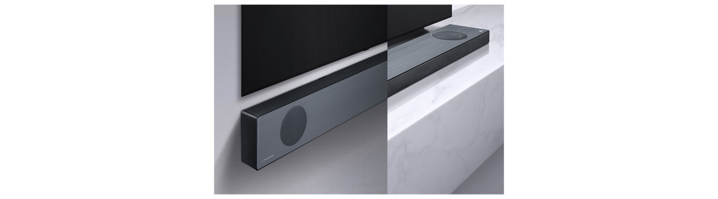 LG Soundbar model SL9YG fixed to a wall below an LG TV next to an image of it placed on a shelf.