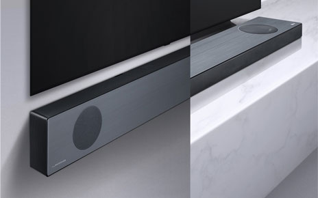 LG Soundbar model SL9YG fixed to a wall below an LG TV next to an image of it placed on a shelf.