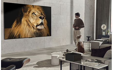 A man stands in a gray living room, looking at the LG SIGNATURE OLED M3 model mounted on the wall