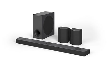 The LG Soundbar S95QR model with two rear speakers and a subwoofer.