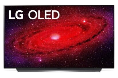 Front view of LG’s 48-inch OLED TV displaying every detail of a red and purple galaxy, with the LG OLED logo in the top-left corner of the screen