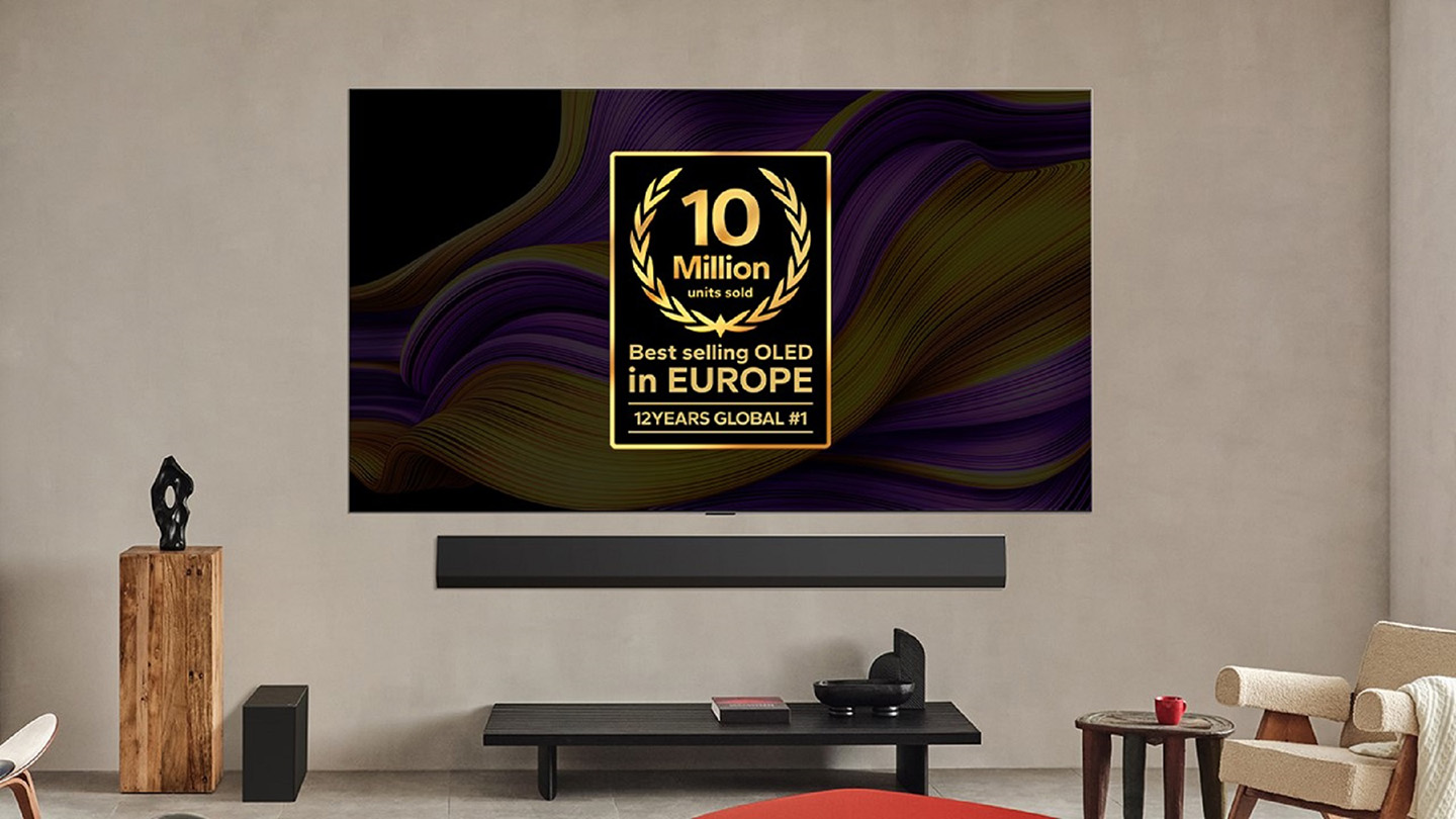 A wall-mounted LG OLED TV screen showcases the milestone: '10 Million Units Sold - Best Selling OLED in Europe.'