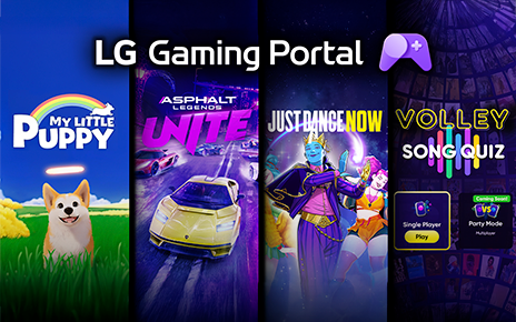 A promotional graphic for LG Gaming Portal showcases four game titles, set against a purple-themed backdrop.
