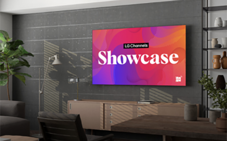 An image of 'LG Channels Showcase' appears on a wall-mounted TV in a living room