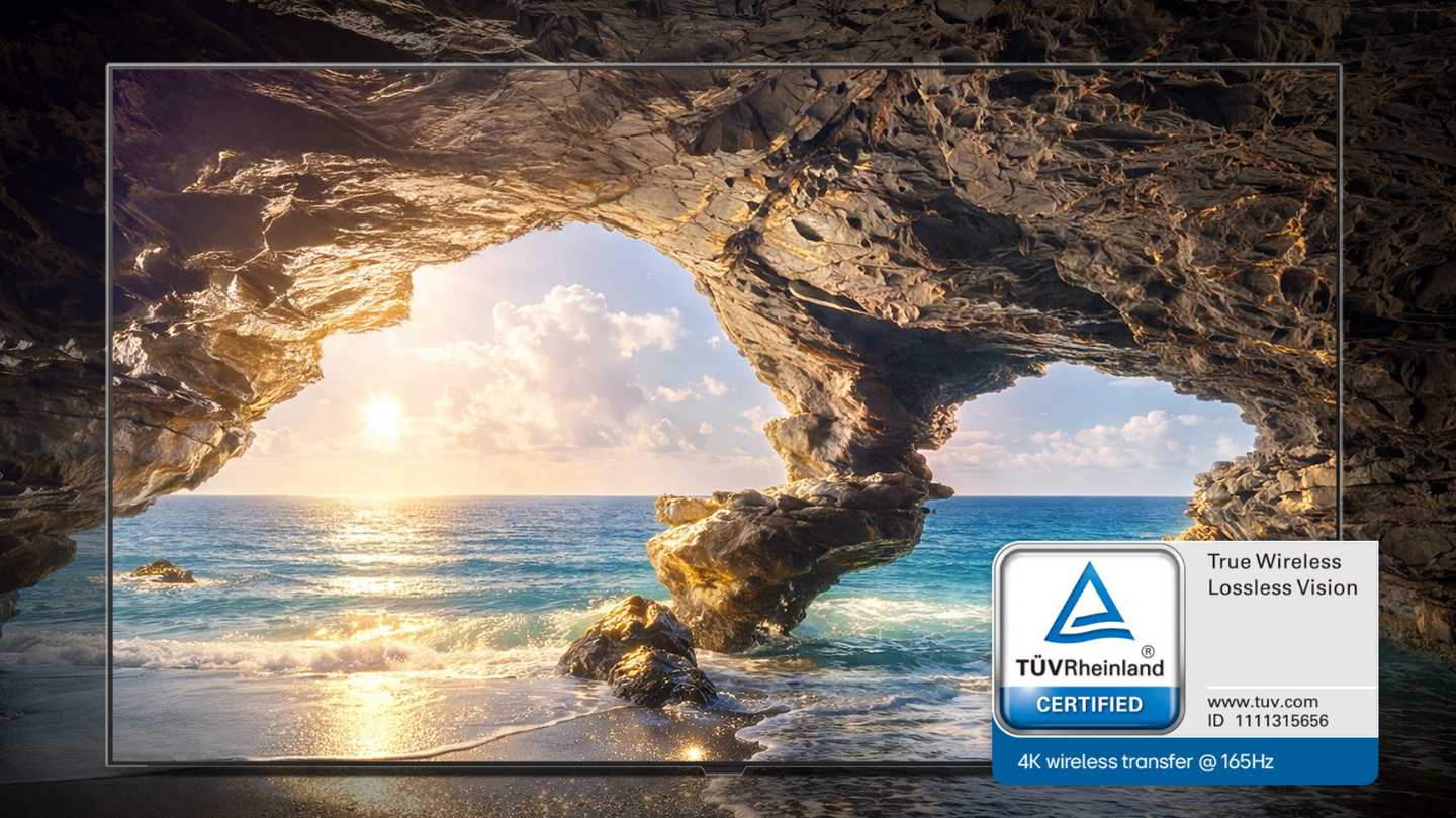 An LG OLED evo W6 displays the sunset from a coastal cave with a TÜV Rheinland “True Wireless Lossless Vision” certification badge.