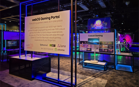 An information wall introduces the webOS Gaming Portal at LG’s PAX West Booth