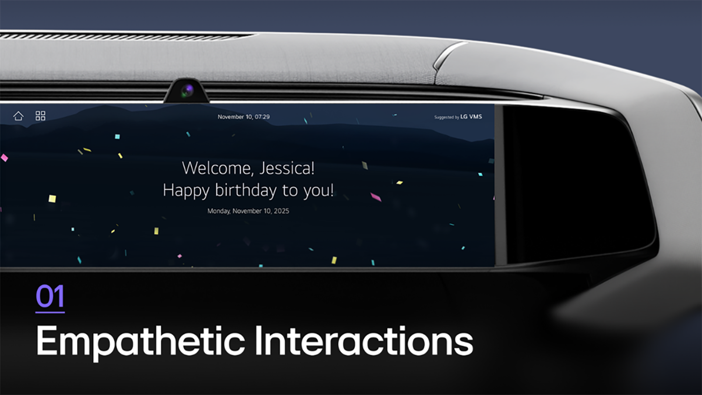 A close-up view of an in-vehicle display shows a personalized birthday greeting, with the title graphic “01 Empathetic Interactions.”