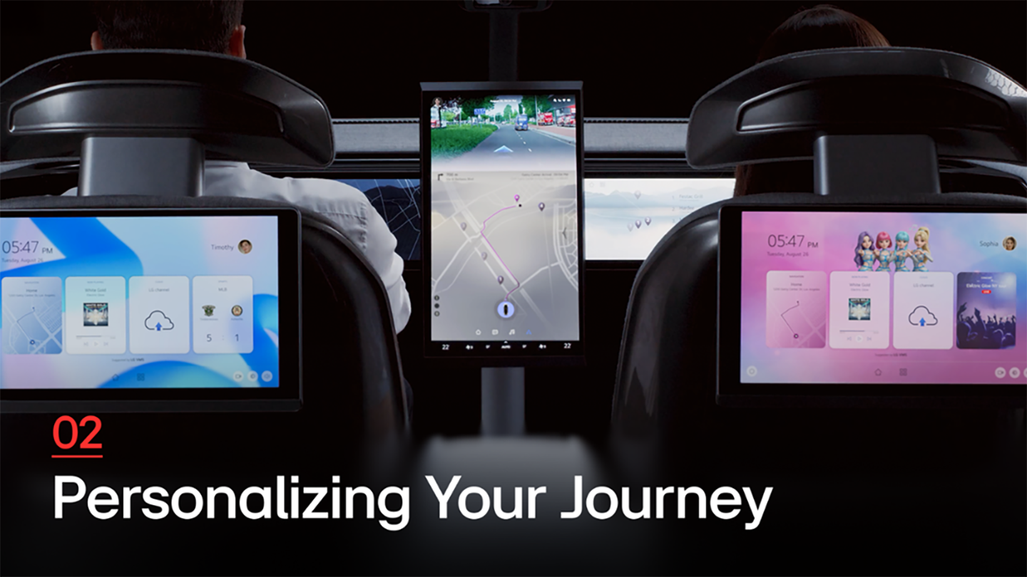An interior view of a car shows two personalized passenger displays and a central navigation screen, with the title graphic “02 Personalizing Your Journey.”