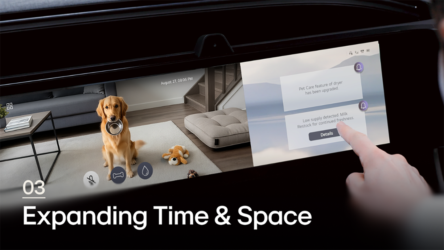 A hand reaches out to press an in-vehicle display featuring pet monitoring and home controls under the title graphic “03 Expanding Time & Space.”