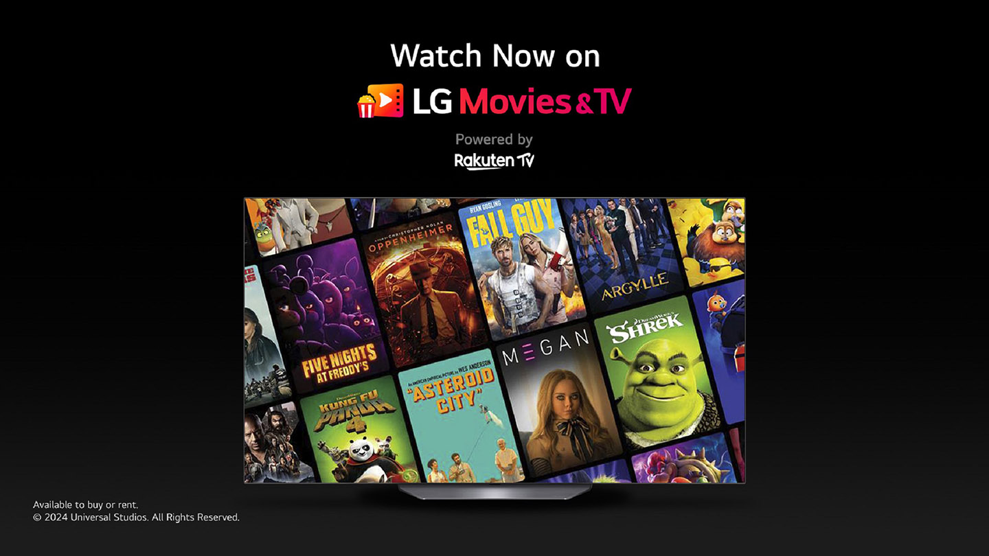 A promotional image showcases the LG Movies & TV event, featuring posters of content on an LG TV