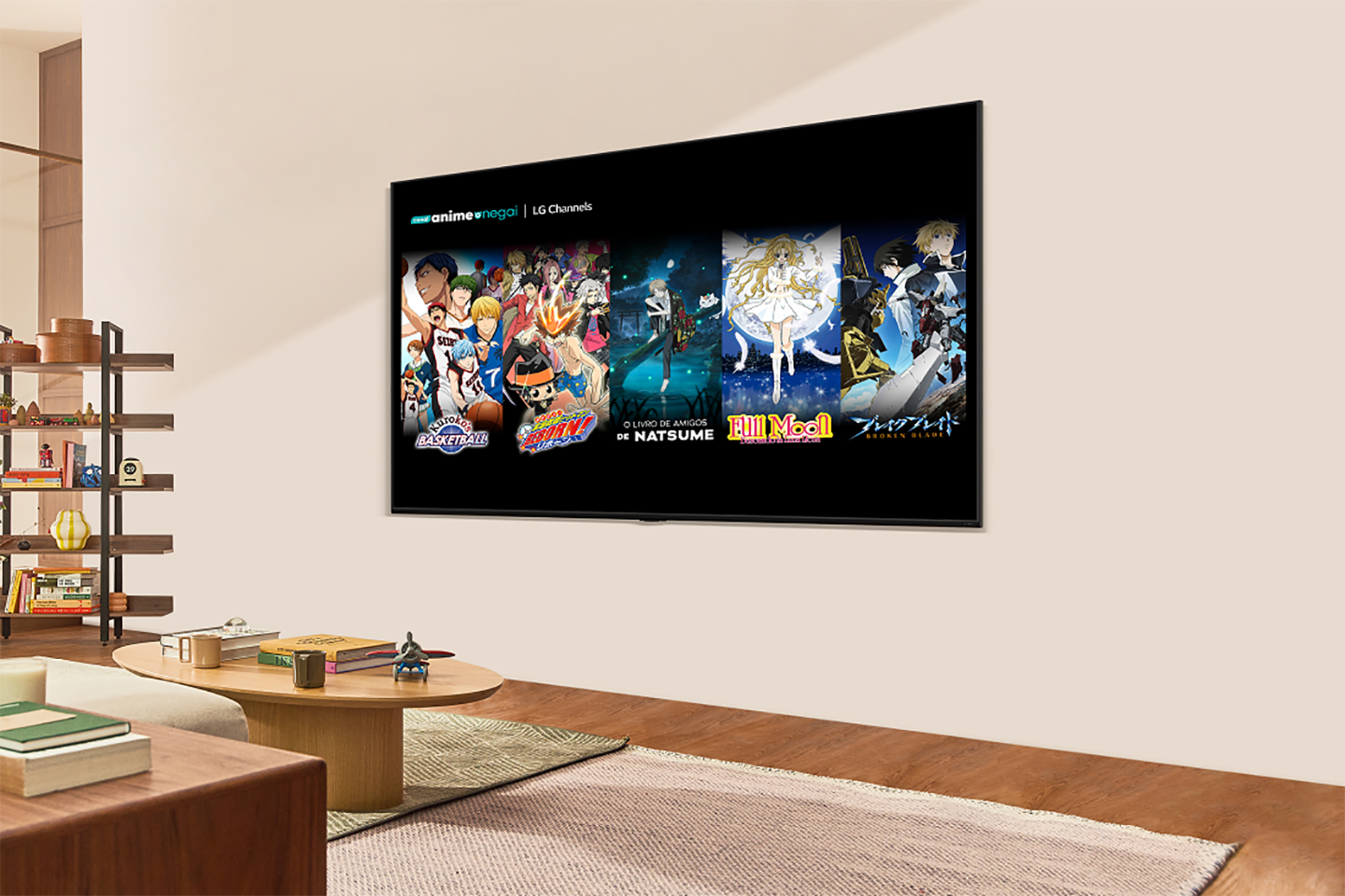 A wall-mounted LG Smart TV in a cozy living room displays a selection of anime content from Anime Onegai on LG Channels